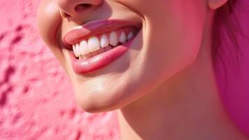 AI generated Closeup of beautiful smiling young woman with healthy teeth on pink background photo