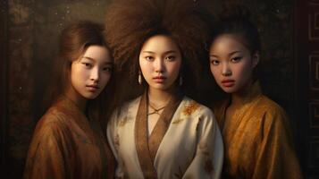 AI generated Portrait of three beautiful asian women in kimono. photo