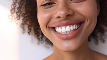 AI generated Close up portrait of a smiling young woman with white teeth against white wall photo