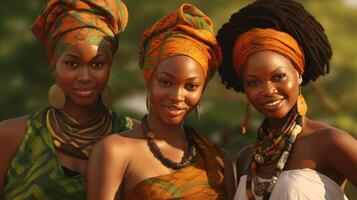 AI generated Three african women in traditional clothes posing in the park. Shallow depth of field. photo