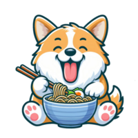 ai gerado feliz desenho animado corgi comendo ramen png