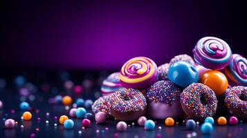 AI generated Colorful candies on a dark background, close-up. photo