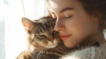 AI generated Beautiful young woman with cat at home, closeup. Lovely pet photo