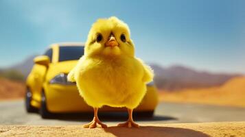 AI generated Cute yellow chick standing on the road with car on background. photo