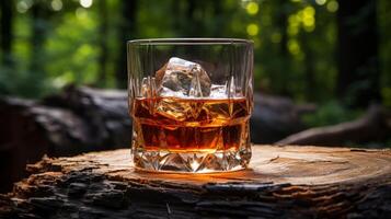 ai generado whisky con hielo en un vaso en un tocón en el bosque foto
