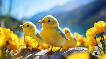 ai generado Pascua de Resurrección polluelos y amarillo flores en un Roca con azul cielo antecedentes foto