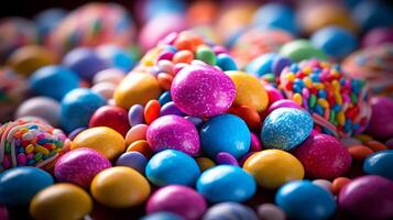 AI generated Colorful candies background. Chocolate candies with sprinkles. photo