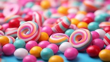 AI generated Colorful candies and jelly beans on blue background, closeup photo