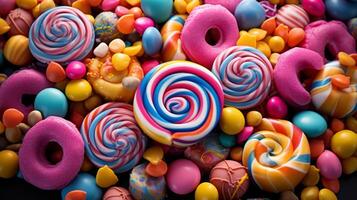 AI generated Colorful candies and lollipops on a black background photo