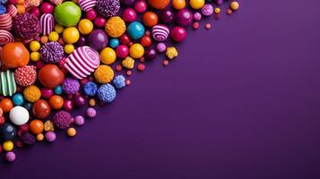 AI generated Colorful candies on dark background. Top view with copy space photo