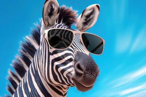 AI generated Close up of zebra in sunglasses on blue sky background with copy space photo