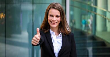 Confident young female manager outdoor in a modern urban setting giving thumbs up photo