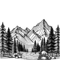 hand drawn mountain and tree coloring book illustration. black and white mountain outline illustration vector