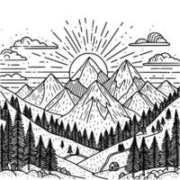 hand drawn mountain and tree coloring book illustration. black and white mountain outline illustration vector