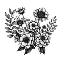 set of floral hand drawn style. flower rose, peony, leaves for decoration. black and white vector flowers  illustration