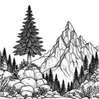 hand drawn mountain and tree coloring book illustration. black and white mountain outline illustration vector