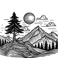 hand drawn mountain and tree coloring book illustration. black and white mountain outline illustration vector