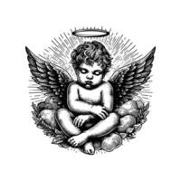 mano dibujado bebé ángel vector ilustración. negro y blanco Cupido ángel aislado blanco antecedentes