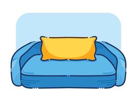 Blue sofa seats with yellow pillow vector illustration isolated on horizontal background. Pop artsy styled seating. Simple flat cartoon art styled comfortable couch drawing.