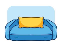 Blue sofa seats with yellow pillow vector illustration isolated on horizontal background. Pop artsy styled seating. Simple flat cartoon art styled comfortable couch drawing.