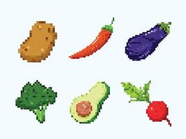 Sets of 8 bit pixel potato, chili, eggplant, broccoli, avocado, and red radish vector illustration vegetable group isolated on horizontal background. Simple flat cartoon retro game art styled drawing.