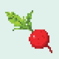 8 bit pixel vector illustration of raw red radish isolated on square light green background. Simple flat Raphanus sativus cartoon retro game art styled drawing.