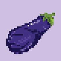 8 bit pixel vector illustration of purple eggplant isolated on square purple background. Simple flat cartoon retro Solanum melongena game art styled drawing.