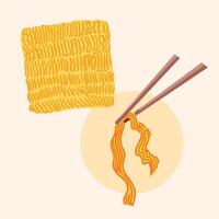 Vector illustration of uncooked instant noodle and cooked yellow noodle on chopsticks isolated on square ratio background. Simple flat art styled food drawing.