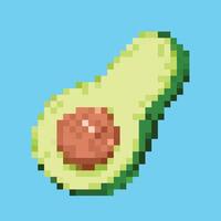 8 bit pixel vector illustration of raw sliced in half avocado isolated on square blue background. Simple flat Persea americana cartoon retro game art styled drawing.