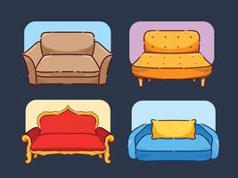 Sofa seats vector illustration set collection group isolated on horizontal background. Simple flat cartoon art styled comfortable couch drawing. Home interior decoration objects.