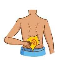 Male figure person from behind view wearing blue pants with back pain ache problem vector illustration full colored isolated on square white background. Simple flat cartoon art styled medical drawing.