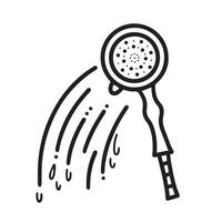 Shower head with pouring water vector icon illustration outline isolated on square white background. Simple flat monochrome black and white cartoon art styled hygiene and healthcare themed drawing.