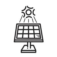 Solar panel with sun light vector icon illustration isolated on square white background. Simple flat monochrome black and white cartoon art styled drawing.