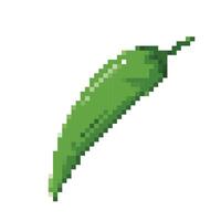 8 bit pixel vector illustration of raw green chili pepper isolated on square white background. Simple flat pixel art game cartoon element drawing.