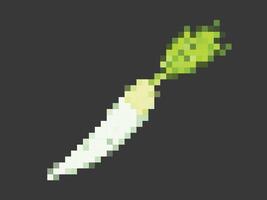 8 bit pixel vector illustration of raw white radish daikon isolated on horizontal background. Simple flat pixel art game cartoon element drawing.