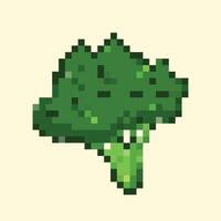 8 bit pixel vector illustration of raw green broccoli isolated on square yellow background. Simple flat cartoon retro game art styled drawing.