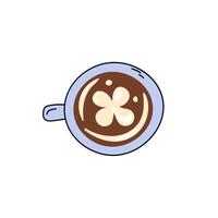 Coffee cup top view doodle vector illustration. Cute design element. Simple hand drawn cappuccino coffee with foam art pattern