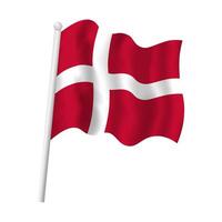 Denmark flag on flagpole waving in wind. Danish flag red with white cross vector isolated object illustration.