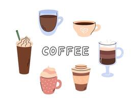 Coffee different beverages set vector illustration. Cute doodle mugs of espresso, frappe, mocha, takeaway coffee. Cartoon design elements. Simple hand drawn objects