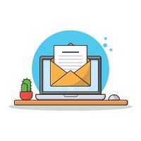 Vector illustration of an open envelope with a letter emerging on a laptop screen. Digital Outreach Concept.