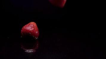 Strawberry slow motion closeup falling in water with Splash droplets on black background macro shot cooking video