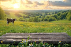 AI generated Empty wood table top with cow farm in the background for products display photo