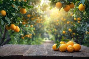 AI generated Empty wood table top with lemon tree is the background for products display photo