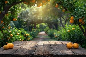 ai generado vacío madera mesa parte superior con naranja árbol en el antecedentes para productos monitor foto