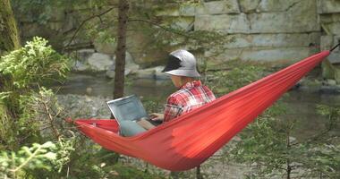 un' donna lavori su un' il computer portatile nel un' amaca su il fiume banca nel un' bellissimo foresta. concetto di libero professionista, digitale nomade o a distanza ufficio. 4k video