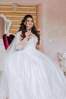 A wonderful beautiful portrait of a young bride. Beautiful bride with wedding makeup and jewelry wreath on long curly hair. Wedding photo model with brown eyes in a beautiful interior.