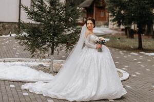 The bride in a white dress with a train and a long veil poses in nature, holding a bouquet. Walk. Winter wedding in nature. photo