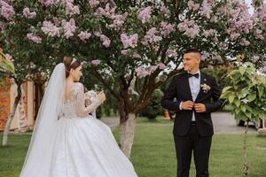 boda. amor y Pareja en jardín para boda. celebrando el ceremonia y compromiso. salvar el fecha. confianza. el novia y novio son en pie en contra el antecedentes de floreciente primavera arboles foto