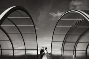 black and white wide-angle photo of the bride and groom against the background of the sky. Free space.