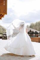 A curly bride twirls her long veil against a backdrop of mountains and wooden houses. Magnificent dress with long sleeves, open bust. Summer wedding photo